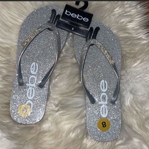 NWT Bebe sparkly silver rhinestone flip flops